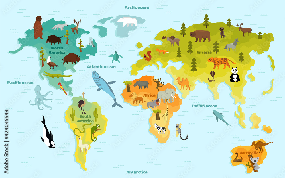 Wall mural Funny cartoon animal world map for children with the continents, oceans and lot of funny animals.  illustration for preschool education in kids design. Cartoon animals for kids