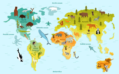 Funny cartoon animal world map for children with the continents, oceans and lot of funny animals.  illustration for preschool education in kids design. Cartoon animals for kids