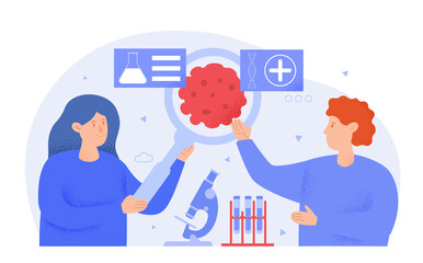 Male and female professional oncologists are working together in lab