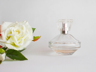Obraz na płótnie Canvas Transparent perfume bottle essences with sunlight and shadows. Perfume bottle with flowers on a light background. Perfumery, cosmetics. Free space for text. Minimalistic perfume template.