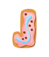 Cartoon cookies font. Confectioners stylized capital letter J.  english ABC baking in colored glaze. Creative gingerbread alphabet design. Childhood sweet biscuit and doughnut
