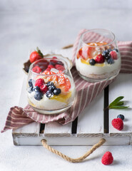 dessert in a glass with yogurt berries and jam