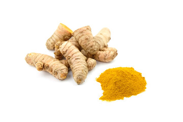 Turmeric roots isolated on white background. Curcuma powder