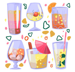 Bright cocktails set. Hand drawn vector illustrations. Colorful cliparts collection in cartoon style. Beverages in glasses. Abstract elements for summer design, print, wrapping, decor, card, stickers.