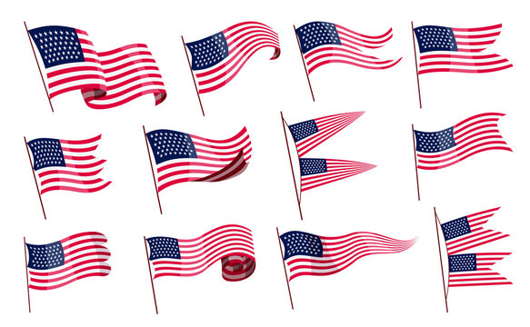 Waving flags. Set of american flags on white background. National flags waving symbols. Banner design elements