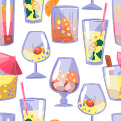 Bright cocktails, beverages in glasses. Hand drawn vector seamless pattern. Colorful ornament in cartoon style. Abstract design for summer print, wrap, decor, fabric, textile, background, wallpapers.