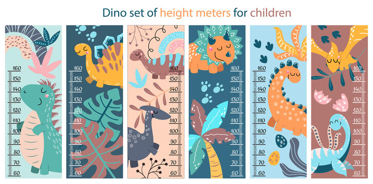 Set of six colorful height meters for assorted dinosaurs