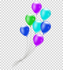 Helium balloons. Bunch or group of colorful helium balloons isolated on transparent background. Party realistic flying balloon set.  cololor design element