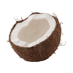 Ripe, broken in two, half of a coconut isolated on a white background.