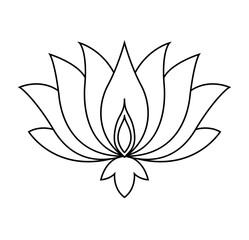 Lotus icon. Monochrome blooming flower. Black linear petals of plant on white background. Blossom, aquatic plant  element for web. Coloring style