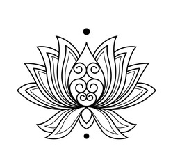 Lotus icon. Monochrome blooming flower. Hand drawn lotos flower illustration isolated on white background. Black linear petals of plant in coloring style