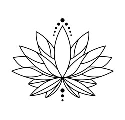 Lotus icon. Monochrome blooming flower. Black linear petals of plant on white background. Blossom, aquatic plant  element for web. Coloring style