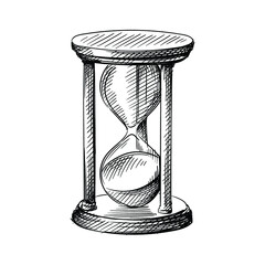 Hand drawn sketch of sandglass, hourglass on a white background. Clock. Wall clock. Watches. Alarm. Time.