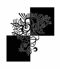 Abstract surreal illustrated face of geometric shapes. Isolated on a black and white background.