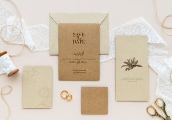 Flatlay of Wedding Cards Mockup Design