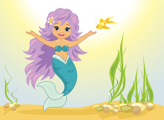 Obraz na płótnie Canvas Happy little mermaid with goldfish