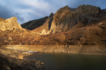 Aerial view of mountain in winter. Many trails around. Drone video. Crimea in autumn