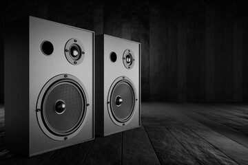 Musical stereo speakers on a table with a dark background. 3D rendering