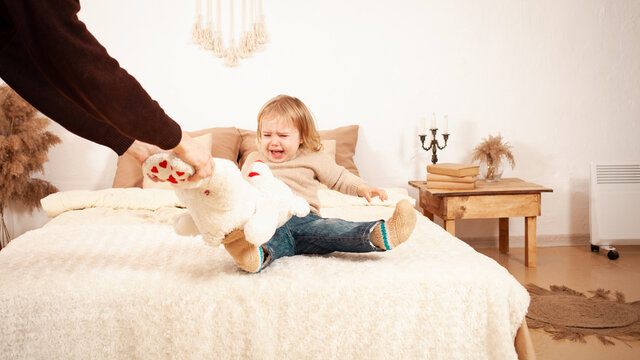 The Child Does Not Want To Share Toys, Cries Screaming Hysterical. A Two-year-old Girl Doesn't Give A Bear. Dad Picks Up A Soft Toy. Beige Home Interior.