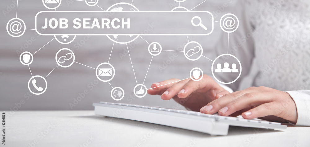 Poster person typing in computer keyboard. job search