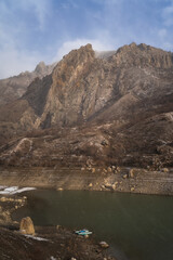 View of mountains in winter. Mountain lake. Crimea in autumn