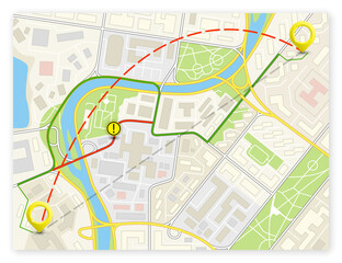 City map navigation route, color point markers design background, flat drawing schema, simple city plan GPS navigation, itinerary destination arrow paper city map. Route delivery check point graphic