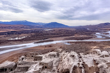 Ancient cave city Uplistsikhe, Georgia. Drone view