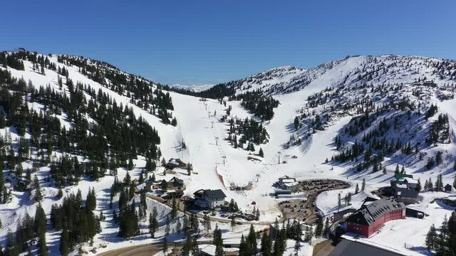 Hochkar skiing resort in Lower Austria during winter. Aerial view to the mountains close to G&ouml;stling.