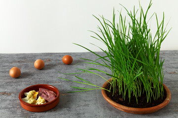 Easter oat and eggs simple decor table arrangement.