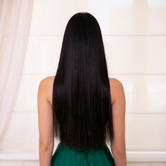 Female back with long straight brunette hair in hairdressing salon