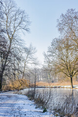Dutch nature reserve with a footpath with snow, a stream with its frozen waters and bare trees and light mist, sunny winter day in Kasteelpark Elsloo, South Limburg, Netherlands Holland