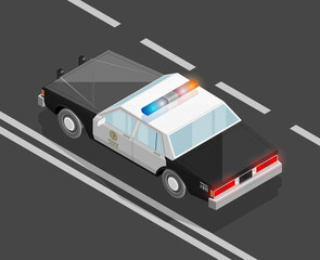 Flat 3D isometric police car model. City transport automobile road. Sedan police auto. Urban classic motor vehicle. Quality auto infographic route. isometric police automobile street icon set