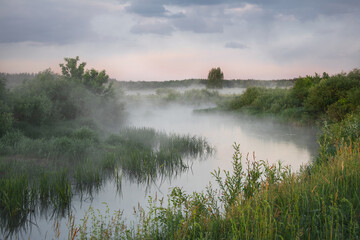 Colorful sunrise in the meadow with fog over the river