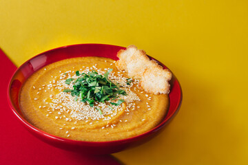 Delicious lentil cream-soup on table.  Homemade soup.