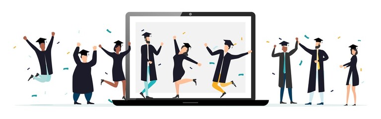 Virtual prom. Graduation quarantine. Graduates in square academic carriages communicate by video link. Laptop or gadget screen. Communication of graduate students. Vector illustration