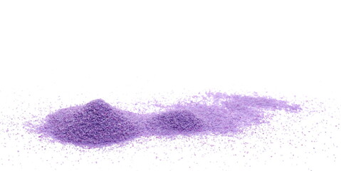 Color purple sand pile isolated on white background, side view