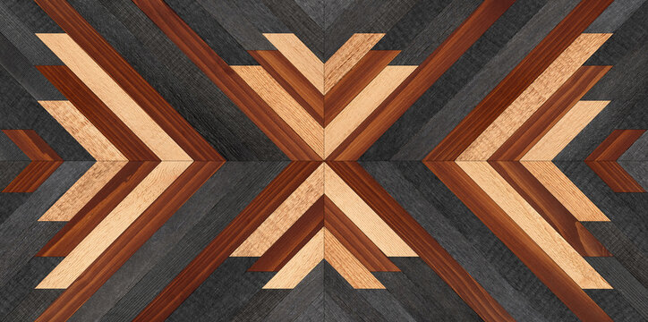 Wooden panel with geometric pattern made of planks for wall decor. 