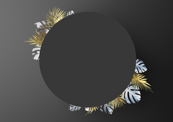 Grey background with golden and silver tropical leaves, with empty space for text or logo. 3d rendered illustration, free space. Events, holiday, beauty. Trendy design.