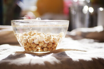 Chickpea soak in water. Vegan cooking 