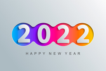 Happy 2022 new year elegant greeting card in paper cut style for your seasonal holidays flyers, greetings and invitations cards, congratulations, banners, placards, business diaries. Vector.