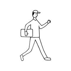 Doodle illustration of running courier holding box. Hand drawn running courier illustration with box. Courier delivery concept with drawn running courier and box