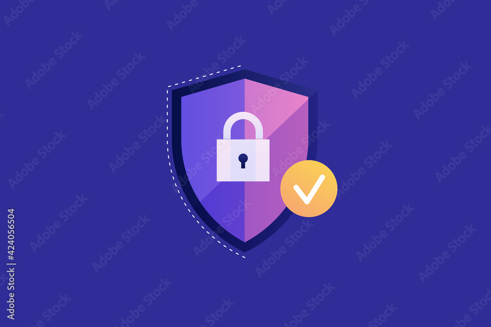 Sticker shield icon with a lock on a blue background. a positive result of entering personal data. the conce