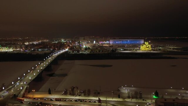 Night Nizhny Novgorod from a drone, bridges, stadium