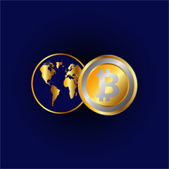 A vector of bitcoin symbol with earth circle with gold on dark black and blue background. It is the best time trading bitcoin and other cryptocurrency.