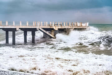 Batumi, Georgia - February 19, 2021: storm on the Black Sea, huge waves