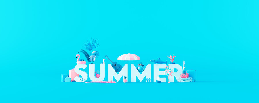 Summer text with luggage and beach accessories on pastel blue background. Creative minimal summer concept idea with copy space 3D Render 3D illustration
