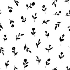 Brush black freehand leaves and flowers vector seamless pattern. Hand drawn black paint ink illustration with abstract floral motif. Hand drawn painting for your fabric, wrapping paper, wallpaper