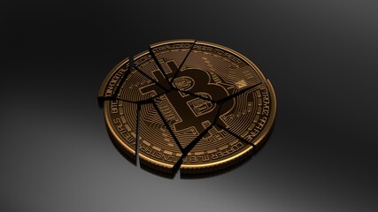 Gold bitcoin falling apart. A graph is crashing it. Concept of a cryptocurrency market crisis on a black background. Bitcoin crash concept. 3d rendering mock up
