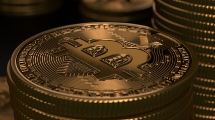 Bitcoin Crypto Currency Gold Bitcoin BTC Bitcoin. Close up shot of Bitcoin coins isolated on black background. Blockchain technology, mining concept. Depth of field. 3d rendering