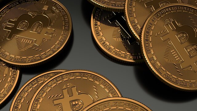 Bitcoins stacked on glossy black background. Crypto currency blockchain. For background and commercial use. Group of gold bitcoin lay down on floor depth of field. Virtual money concepts. 3d render